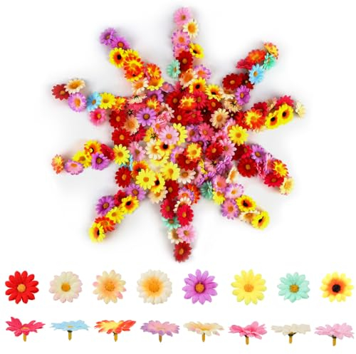 HOCUCHELAND 200 Stück Kunstblumen zum Basteln, Bunt Klein Daisy Blütenköpfe 4cm, Blumen Basteln, Mini Gänseblümchen Kunstblumen Deko für DIY Handwerk, Frühlingsdeko, Kleid, Party Deko ﻿