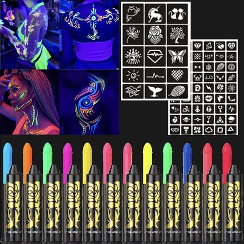 HISUNBEN Pintura De Cara De Neón Brillante UV,12Ceras Fluorescente De Color De La Cara, Lavable No Tóxico Cera Lápiz UV Neón Para Rostro y Cuerpo, Para Halloween, Mardi Gras, Fiesta De Disfraces