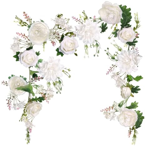 ZHDOKA 5,9 Fuß Künstliche Rosenblumengirlande, Grüne Eukalyptusrebe mit Pfingstrosen-Hortensienblüten, Seidenrosenblumen-Blumengirlande für Hochzeit, Tischläufer, Tafelaufsätze,(Weiß)