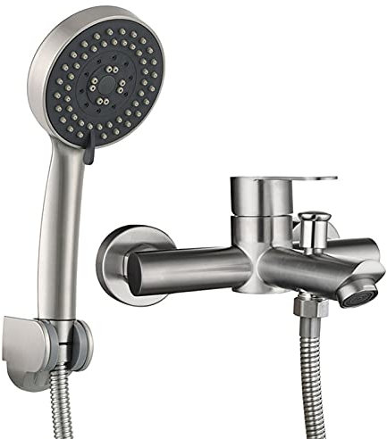 Badewannenarmatur mit Handbrause, Einhand-Badewannenarmatur aus Edelstahl zur Wandmontage, Kalt- und Warmwasserbad-Duschmischbatterie, gebürstet