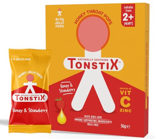 Tonstix Honey and Strawberry Jelly Pops - Pack of 8 Sore Throat Lollipops for Kids with Vitamin C and Zinc - No Added Sugar Cough Soother for Children - 100% Natural, Immune Supporting Ingredients