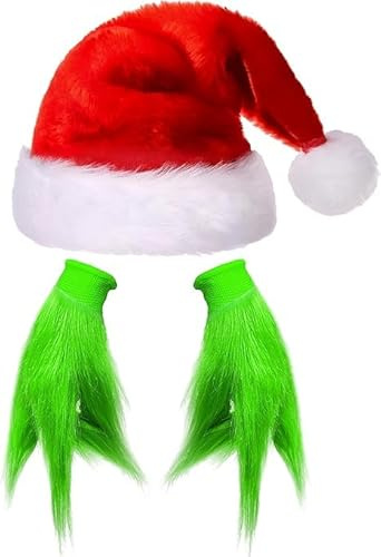 YIZHIXIANGQ Rot Weihnachtsmütze, Weihnachtsmützen Erwachsene, Weihnachten Grüne Handschuhe, Grüne Handschuhe Plüsch, Weihnachtsmütze Set für Weihnachten Party, Karnevalsparty, Cosplay