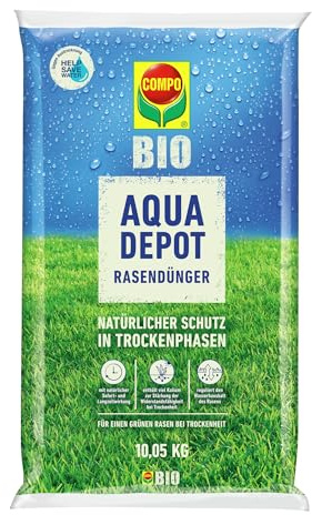 COMPO BIO AQUA DEPOT Rasendünger Sommer, 10,05 kg für 200 m² | Organischer Rasendünger mit extra Kalium für Trockenphasen und Hitze, Bio‑Rasenpflege, Bio Dünger Rasen Sommer