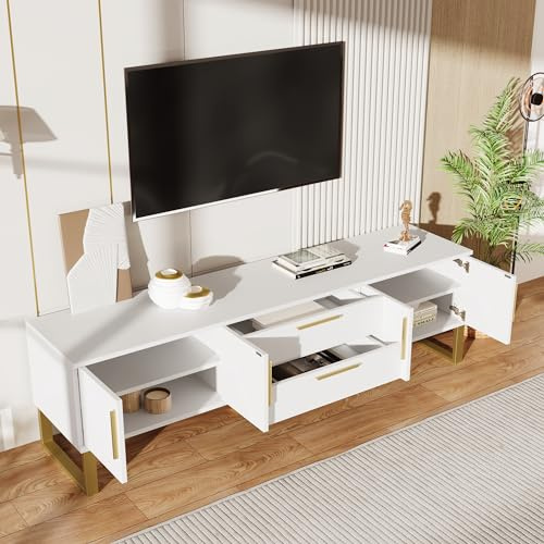 Zepneiy Meuble TV élégant et Luxueux à Haute Brillance avec poignées et Pieds dorés, Portes à Texture gravée, Blanc