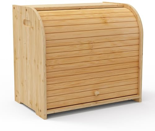 WRONWA Natural Bamboo Bread Box for Kitchen Countertop, Double Layer Roll Top Bread box, Large Wooden Breadbox for Homemade Bread