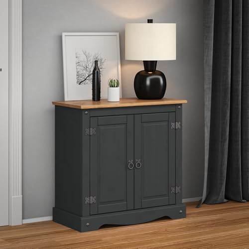 Corona Sideboard Charcoal 2 Door Cupboard Solid Wood Pine Wooden Painted Dark Grey Cabinet Internal Shelf Hallway Stoarge Living Room Kitchen Bedroom Office Dining 73cm High 75cm Wide 36cm Deep