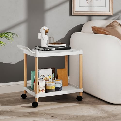 RELAX4LIFE Carrello da Cucina Stabile con Gambe in Legno di Faggio, Carrello da Servizio con Manico e Ruote Bloccabili, Carrello da Stoccaggio con 2 Ripiani, per Soggiorno, Cucina, Ufficio, Bianco