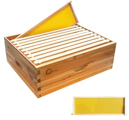 10-Frame Medium Super Bee Box, Wax Coated Bee Hives with Beehives Frames and Wax Foundations, Langstroth Honey Super for Beekeeping Supplement (Unassembled)