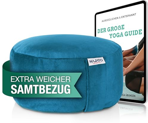 NAJATO Sports Yogakissen | Meditationskissen inkl. E-Book (PDF Datei) | Rundes Yoga Kissen mit Buchweizenschalen-Füllung | Waschbarer Bezug aus Samt | 30 cm Durchmesser, 14 cm hoch