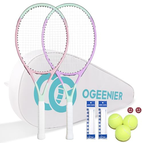 OGEENIER Tennisschläger-Set, vorbespannte 27 Zoll Erwachsene Tennisschläger für Anfänger, 2-Spieler-Set mit 3 Bällen, 2 Vibrationsdämpfern, 2 Griffen, 1 Tragetasche