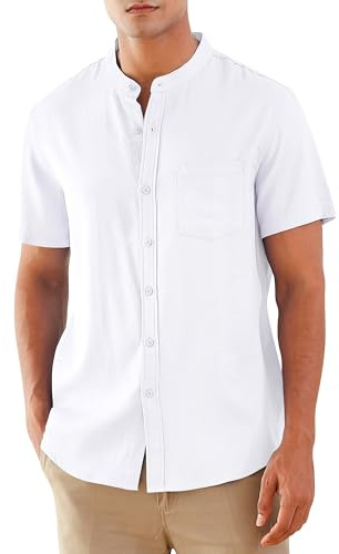 RAISEVERN Leinenhemd Herren Kurzarm Hemd Stehkragenhemd Freizeithemd Lässig Leinenshirt Sommerhemden Hemden Strandhemd Anzughemd Weiß, L