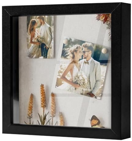 3D Shadow Box Frame, 8x8inch Deep Box Frame for Objects up to 3 cm Wooden Photo Frame for photos Crafts Artworks Memory Tickets(Black)