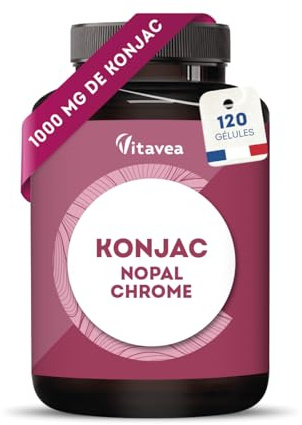 Konjac 1000 mg dont 95% de Glucomannane - Equilibre du Métabolisme | Avec Chrome & Nopal - Régulation Appétit - Maintien d’une Glycémie Normale - 120 Gélules Vegan - Fabriqué en France - Vitavea