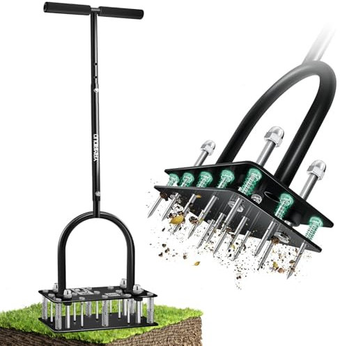Rasenlüfter, Aerifizierer für Rasen mit 15 Eisen Spikes, Automatische Reinigung von Laub und Schmutz Rasenbelüfter, Höhenverstellbar Rasenspecht für Verdichtete Böden Rasenpflege Hof Garten, Schwarz