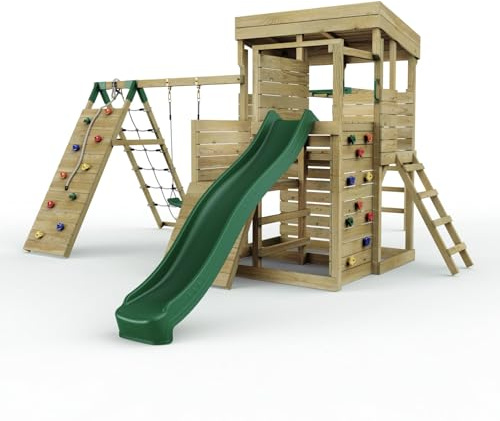 Rebo 2 Tier XL Lookout Tower Playhouse with Single Swing and Monkey Bars plus Climbing Wall | with 9ft Slide | Ladder | Pressure Treated Timber, Safe for Children | OutdoorToys | Climbing Wall |