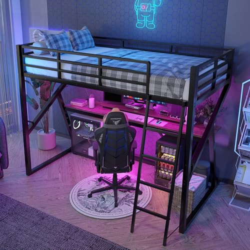 KecDuey Lit mezzanine 90 x 200 cm, lit simple, cadre de lit en fer, cadre de lit avec barre LED, balustrade, lit en métal avec escalier, bureau, cadre de lit sans matelas (noir)