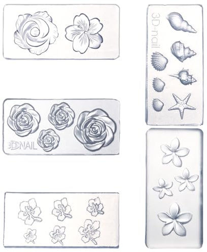5pcs Moules à Ongles en Silicone, Fleurs 3D Coquillage Plumeria Rose Pétunia Sakura Moules Décorations Outils Artistiques pour Design Manucure