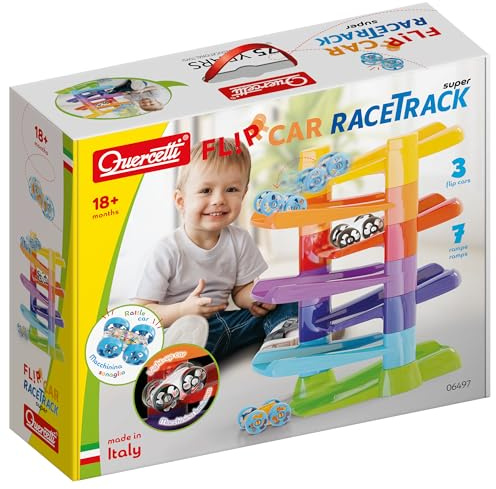 QUERCETTI 06497 Flip Car Race Track, Pista Biglie Per Bambini, Gioco Educativo e Creativo 18mesi+ con 7 Rampe e 3 Flip-Car per Sviluppare Coordinazione e Motricità Fine, Made in Italy