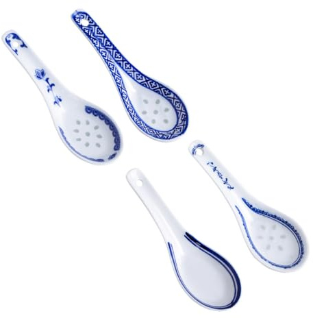 ZUNOXAZ 4 piezas Cucharas de Sopa Chinas de Cerámica Azul y Blanca para Restaurante y Uso Doméstico Diseño Práctico y Ligero para Sopa Postres y Gachas