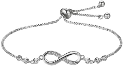 BWOOOWE Pulsera Mujer Símbolo Infinito Ajustable Pulseras de la Amistad Pulseras Personalizadas con Cristales Brillantes Joya Elegante Cadena Ajustable(Plata)