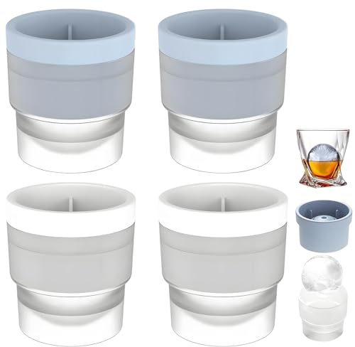 4 Pièces Moules à glaçons Ronds, Moules a Boules de Glace en Silicone 6cm avec Couvercle, Glaçons Sphériques Réutilisables pour Rafraîchir Jus, Cocktails, Whisky (Blanc, Bleu)
