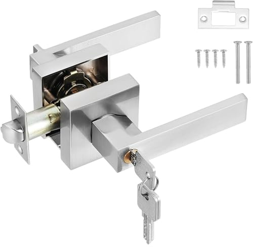 Cumnvulnt Door Handle Lock, Interior Black Door Handles with Lock and Key, Heavy Square Entry Black Door Lock for Bedroom Bathroom Kitchen Office Left or Right Handing