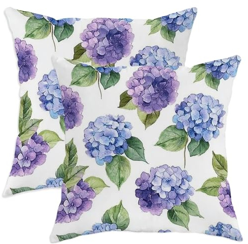 Hydrangea Throw Pillow Covers Set of 2, Floral Natural Leaf Flower Spring Violet Soft Velvet Washable Square Pillow Cases for Living Room Bed Office Sofa Chair Decor 14x14 Inch