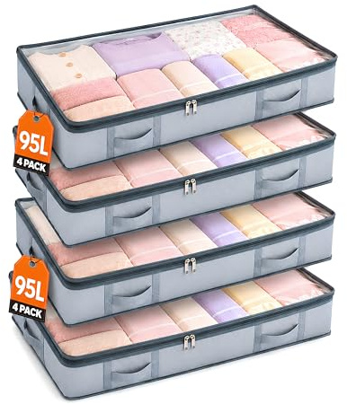 95L Under Bed Storage Boxes with Lids Pack of 4 Large Clothes Storage Bags | 120 gsm Reinforced handles, Stackable, Foldable storage boxes