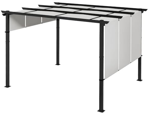 Outsunny Pergola ca. 3,5x3m Garten Pavillon mit verstellbar Dach, Terrassenüberdachung Metall Gartenpavillon Freistehend Sonnenschutz für Terrasse und Garten, Hellgrau