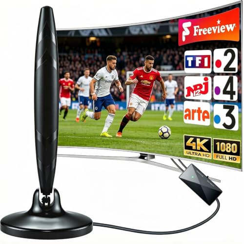 CSUXYD Antenne TV Interieur Puissante avec Base Magnétique, Antennes TNT | Amplificateur, Compatible 4K 1080P, Toutes Les Chaînes Gratuites TNT, Câble Coaxial 5m
