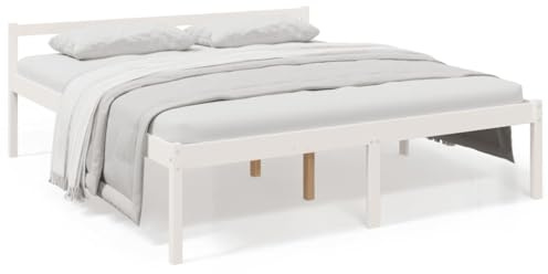 Foknhdi Seniorenbett 200x200 cm, Bettgestell aus Massivholz Kiefer, Weiß, Doppelbett mit Kopfteil und Lattenrost, Komfortable 45 cm Komforthöhe, Bettrahmen für Schlafzimmer