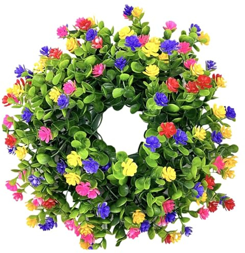 Vårkrans, 33 cm färgglad blommig dörrkrans med eukalyptus och ranunkuler, alla årstider sommar för ytterdörren veranda hem bondgård dekor