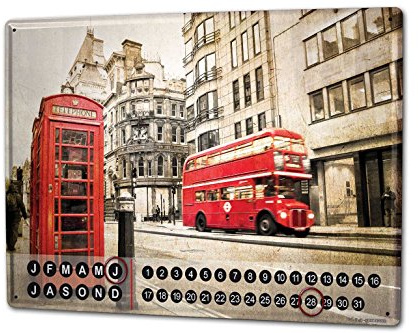 Wandkalender 2019 Jahreskalender Dauerkalender 2020 Kalender 2021 Terminplaner Fotokalender Retro Metropole London roter Bus Telefonzelle Metall Magnet