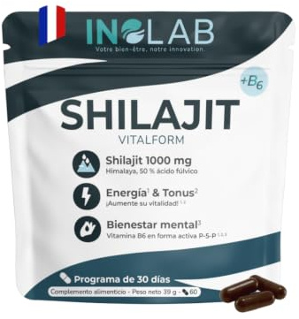 INOLAB Shilajit Puro del Himalaya | Titulado al 50% en Acido Fulvico | Suplemento para Energía, Equilibrio Hormonal, Vitalidad Masculina y Bienestar Mental | Original Shilajit Capsulas Vegan | Energía, Boost Metabolismo Bienestar Mental I 60 cápsulas veganas Altamente dosificadas Hecho en Francia