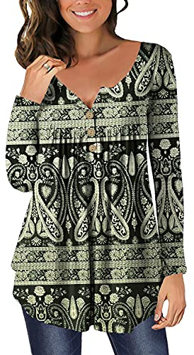 Blus långärmad blusar & tunikor för kvinnor knappar blusar toppar blommor tunika damtoppar, L svart B, XL