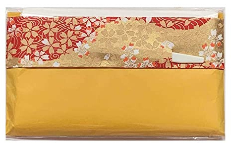 Mino Washi Kaishi Set, Japanese Tea Ceremony Pocket Sheets, 30 Count with Yuzen Design Pouch and Pick (5.7 x 6.9 in Sheets) Yellow