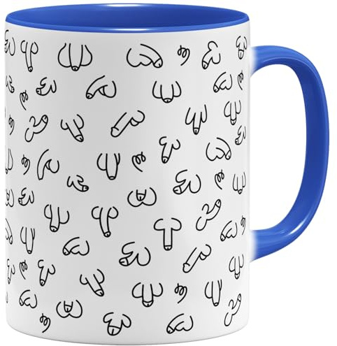 OM3® witzige Doodle Kaffeetasse mit Penisse - Pimmel Tasse Penis-Muster - Keramik Becher - 11oz 325ml - Rundumdruck - Blau