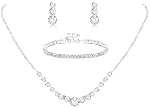 Diamday Brautschmuck Schmuck Set für Damen Silberschmuck Set Strass Kristall Halskette Tropfen Ohrringe Link Armreif Armband Hochzeitsschmuck Sets für Bräute Bridemaid Prom Kostüm Zubehör