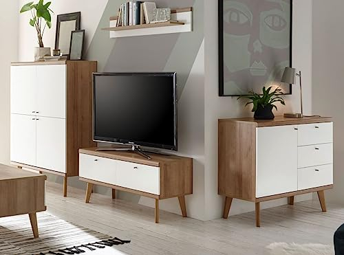 Furn.Design Wohnwand weiß und Eiche Riviera Schrankwand skandinavisch 4 teilig komplett Set Wohnzimmer Kombination mit Highboard Sideboard Wandboard TV-Unterteil 341 x 160 cm Helge