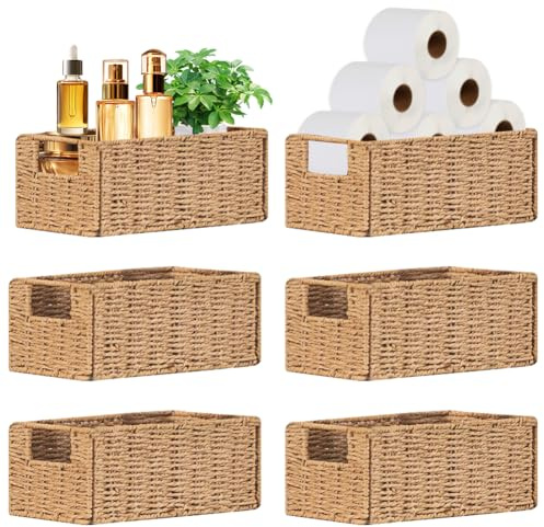 Airsnigi 6 Pack Small Wicker Baskets, Wicker Woven Storage Basket Toilet Paper Baskets with Handles, Towel Basket for Home Organizing Shelves (Beige)