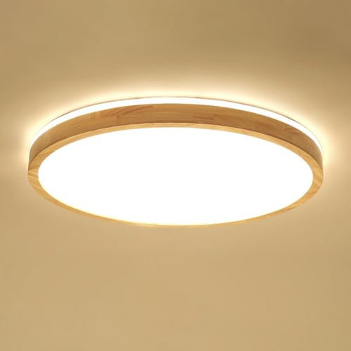Büro Deckenleuchte LED Modern Holz Dimmbar Schlafzimmer-lampe Deckenlampe Wohnzimmer 50cm Vintage Kreativ Runde Acryl Rustikal Beleuchtung mit Fernbedienung für Arbeitszimmer Kinderzimmer Spielzimmer