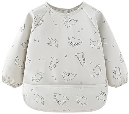 Amexo Bavoirs Bébé avec Manches Longues, Étanche Bavette de Sevrage avec BLW & Poches Facile à Nettoyer et Lavable en Machine, Imperméable Bib Bébé en PU pour Bébés Infants 6 à 36 Mois Blanc