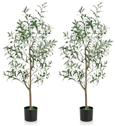 COSTWAY Set med 2 konstgjorda olivträd, konstgjord växt 130 cm, krukväxt med cementkruka och naturliga blad och frukter, konstträd för trädgård kontor hem, konstgjorda växter, grön (2-pack)
