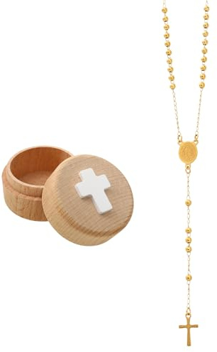 Wasise Confirmation Gifts for Girls - 2PCS Gold Alloy Rosary Beads with Wooden Box, Catholic Rosary, First Holy Communion Gifts for Girls, Cross Pendant Necklace, Madonna Cross Holy Communion Gift