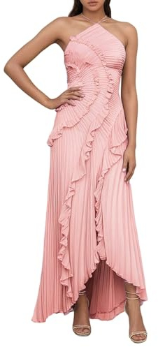 Generisch Abito da donna senza maniche con fettuccia sul collo, in tinta unita, elegante, maxi abito con volant, design avvolgente, spacco laterale, abito da sera estivo, abito da cocktail, Colore