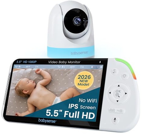 Babysense PRO Non-WiFi Full HD Split-Screen Baby Monitor with 1 PTZ Camera, Night Vision, Two-Way Talk, 6-Color Night Light, 5000mAh Battery, Long Range, 4x Zoom, and Crystal-Clear Audio