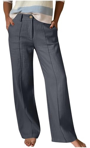 KHIRVWL Leinenhose Damen Baumwoll Leinen Stoffhose Einfarbig Gerades Bein Hose Weitem Bein Freizeithose Knopfleiste Elastischer Bund Jogginghose Modische Sommerhose Luftige Bequeme Hose Mit Taschen