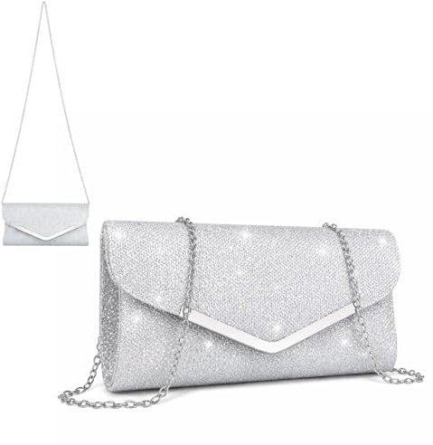 Clutch Silber Damen Elegante Abendtasche, Handtaschen für Damen Mit Abnehmbarer Kette, Glitzer Handtasche Für Hochzeit, Standesamt, Party, Tasche Silber Im Envelope Design,Damen-Clutches für Besonder