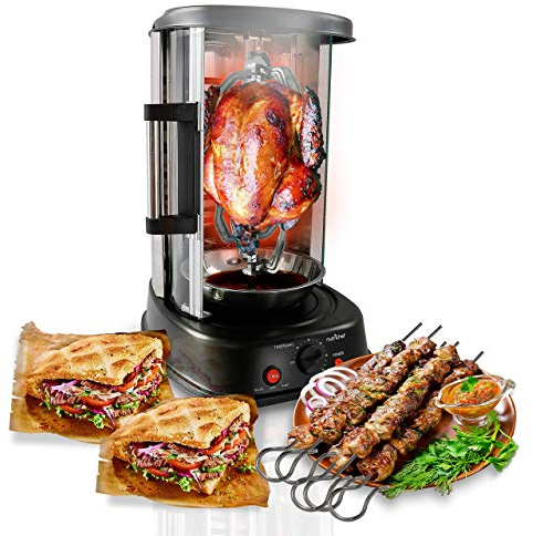 NutriChef horno vertical giratorio de sobremesa, Rotisserie para shawarma y kebab, Horno eléctrico con asador, Puerta resistente al calor, Incluye rack con 7 brochetas