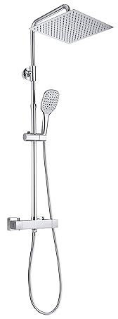 JOHO Columna Ducha con Grifo Termostatica Grifo Bañera Termostático Conjunto Ducha Termostatica Barra Ducha Monomando Altura Ajustable Cabezal de Ducha lluvia Cuadrada Cromo 30x30cm
